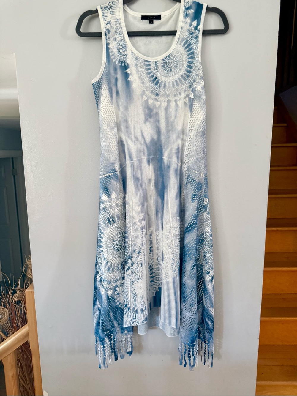 👗 Cativa Boho Sleeveless Midi Dress - Blue Tie-Dye Mandala Fringe (Size S) - EUC